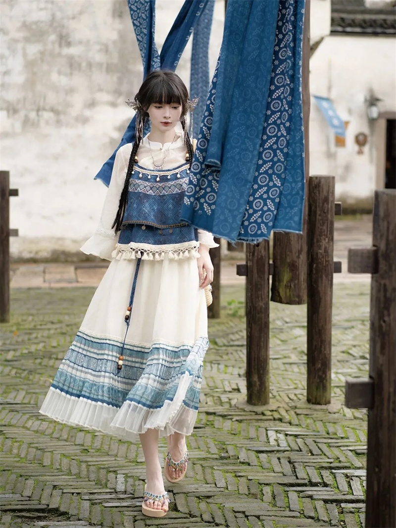 Indigo Dye Kit - ชุดสไตล์จีนใหม่กระโปรงมีสายรัด2024ลายปักพื้นเมืองชุดวันหยุดฤดูร้อนฤดูใบไม้ร่วง