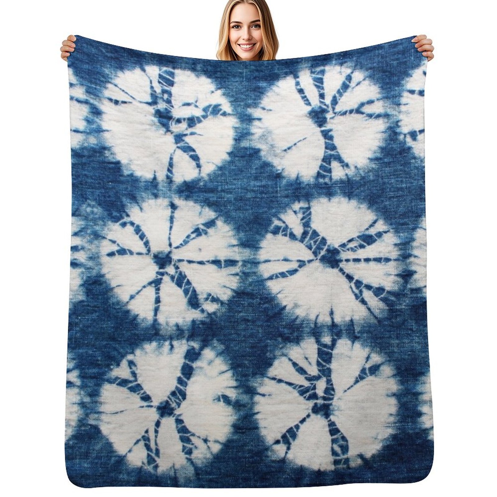 Shibori Tie Dye - ผ้าห่มลายวงกลมชิโบริ สีคราม ผ้าห่มย้อมสีแบบไทได ผ้าห่มนุ่มฟูแสนสบายสำหรับโซฟา