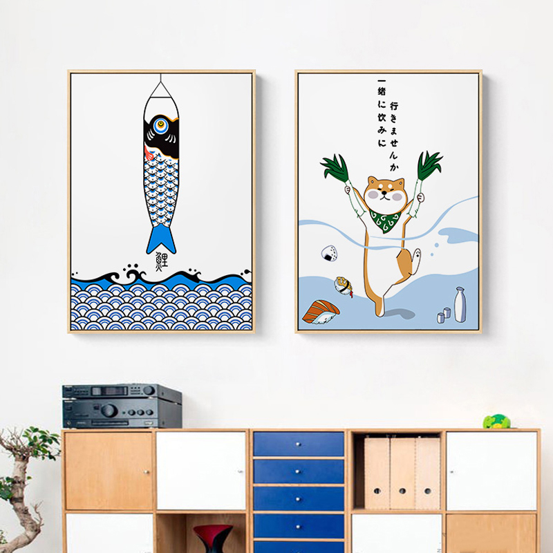 Japanese Lifestyle Japanese - ญี่ปุ่นสร้างสรรค์สัตว์ปลาโปสเตอร์และพิมพ์ตกแต่งร้านอาหารภาพวาดน่ารัก Wall Art รูปภาพสําหรับห้องรับประทานอาหารซูชิ Place